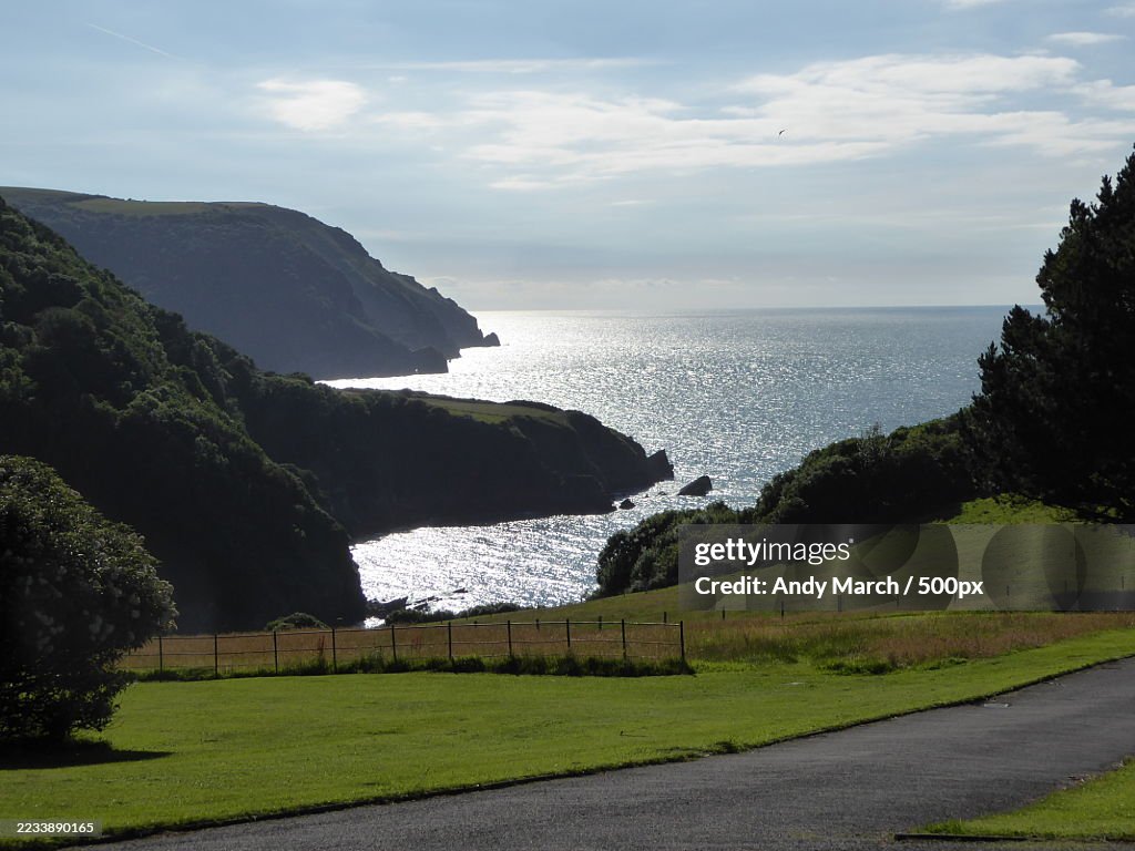 Coastal Landscape with Cliffs and Ocean under a Blue Sky,North Devon,United Kingdom,UK,Lee Bay