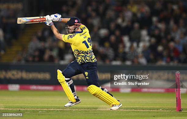 Durham batsman Alex Lees hits out during the T20 Vitality Blast match between Durham and Hampshire Hawks at Banks Homes Riverside on September 05,...