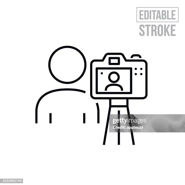 influencer using camera to record themselves for content thin line icon - editable stroke - user generated content stock illustrations