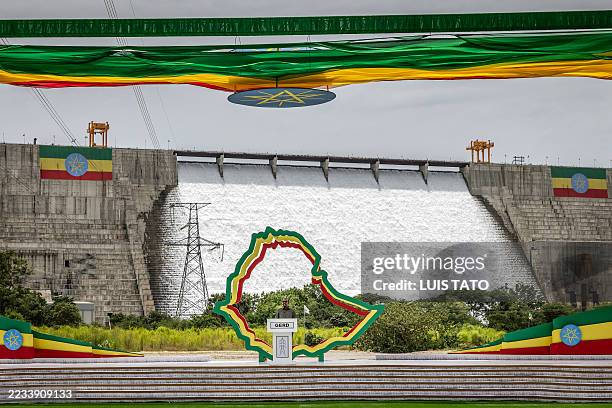 Prime Minister of Ethiopia Abiy Ahmed delivers his remarks during the official inauguration ceremony of the Grand Ethiopian Renaissance Dam in Guba,...