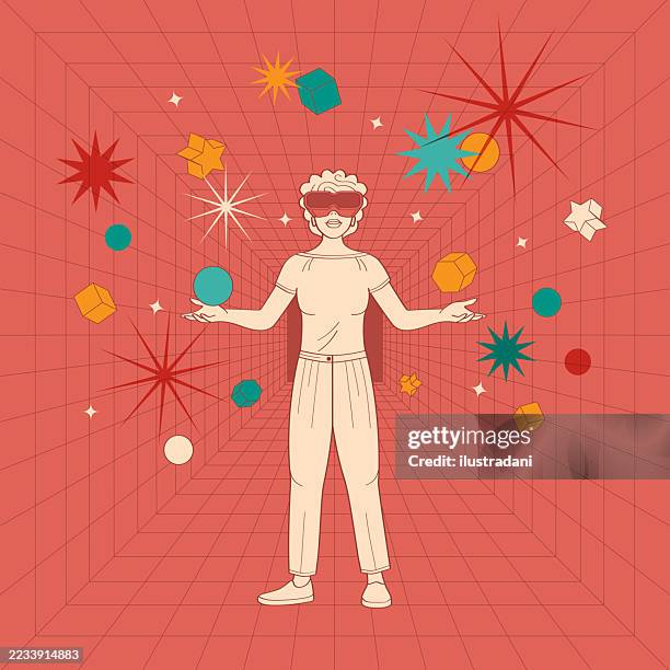 woman using virtual reality glasses in wireframe red room with flying objects in outline style - man vr headset stock illustrations
