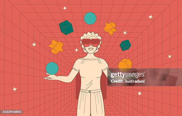 woman using virtual reality glasses in wireframe retangular red room with flying objects in outline style - man vr headset stock illustrations