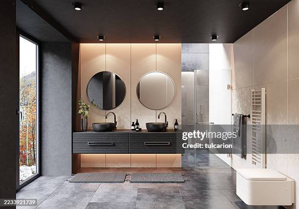 minimalist bathroom with glass shower and wall-mounted fixtures and two sinks - laminated plastic stock pictures, royalty-free photos & images