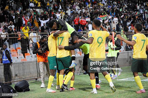 South Africa players celebrate during the 2026 FIFA World Cup qualifier match between South Africa and Nigeria at Toyota Stadium on September 09,...