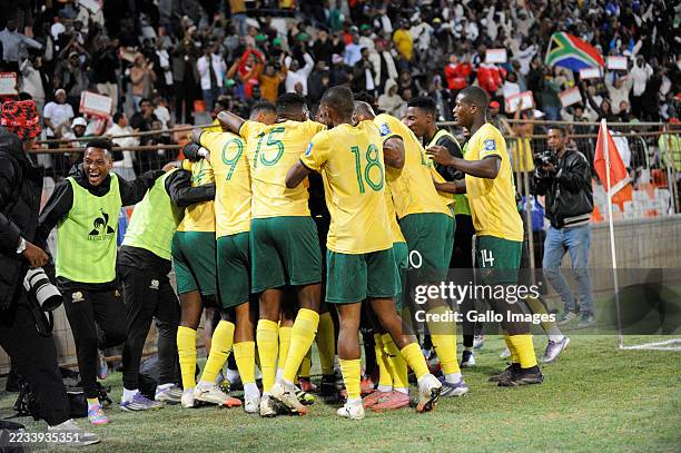 South Africa players celebrate during the 2026 FIFA World Cup qualifier match between South Africa and Nigeria at Toyota Stadium on September 09,...