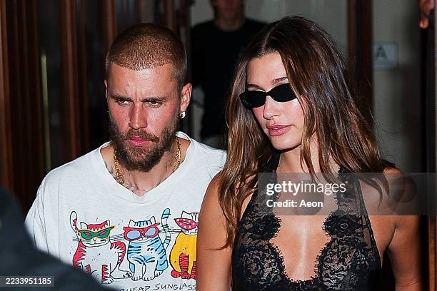Justin Bieber and Hailey Bieber seen leaving The Twenty Two Hotel on September 05, 2025 in New York City.