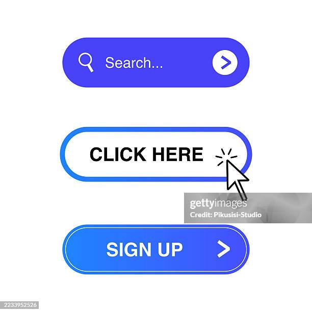 search bar icon set. search, click, and sign up button set in blue gradient - push button stock illustrations
