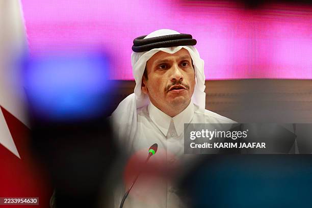 Qatar's Prime Minister and Foreign Minister Mohammed bin Abdulrahman al-Thani addresses a press conference following Israeli strikes in Doha on...