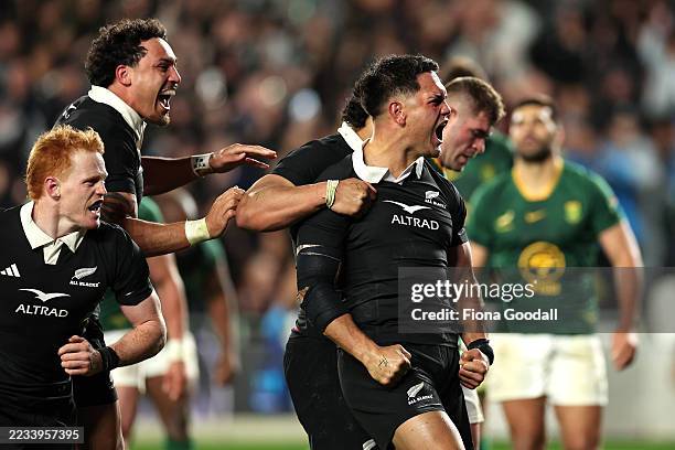 Quinn Tupaea of New Zealand celebrates after scoring a try during The Rugby Championship match between the New Zealand All Blacks and South Africa...