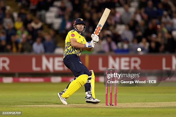 Alex Lees of Durham bats during the Men's Vitality Blast match between Durham Cricket and Hampshire Hawks at Banks Homes Riverside on September 05,...