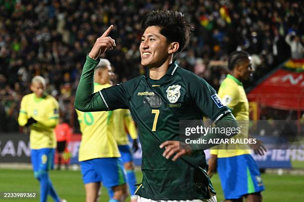 Bolivia's forward Miguel Terceros celebrates scoring his team's first goal during the 2026 FIFA World Cup South American qualifiers football match...