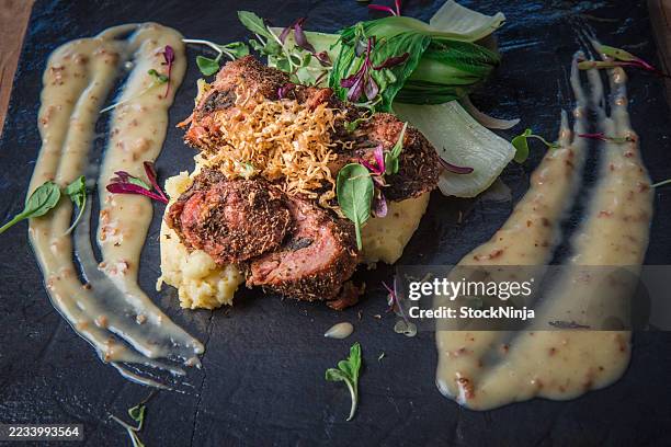 presentación gourmet de carne sazonada con puré de papas y guarnición de hierbas - plato de carne fotografías e imágenes de stock