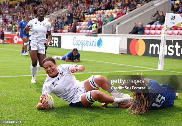 Freda Tafuna of USA scores her team's first try during the Women's Rugby World Cup 2025 Pool A match between USA and Samoa at York Community Stadium...