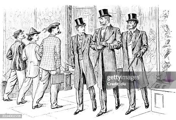 three ordinary men from meet three elegant upper class men - fire man hat stock illustrations