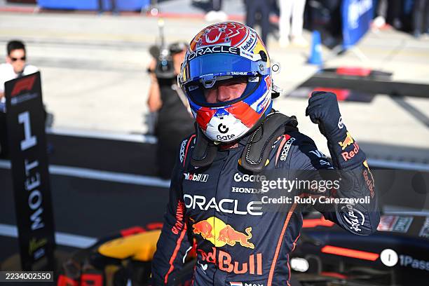 Pole position qualifier Max Verstappen of the Netherlands and Oracle Red Bull Racing celebrates in parc ferme during qualifying ahead of the F1 Grand...