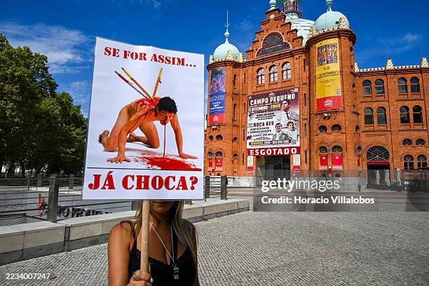 Demonstrators gather outside Campo Pequeno bullring before marching at the 7th National Parade for the Rights of All Animals on September 06, 2025 in...