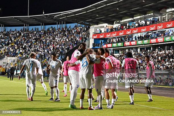 Honduras' midfielder Alexy Noel Vega celebrates with teammates after scoring his team's second goal during the 2026 FIFA World Cup Concacaf qualifier...
