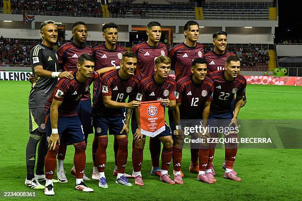 Costa Rica's players pose for a team photo ahead of the 2026 FIFA World Cup Concacaf qualifier football match between Costa Rica and Haiti at the...