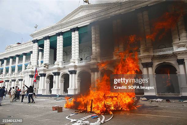 Protesters capture Singha Durbar, which housed the office of the former Prime Minister and other ministries, amid raging Gen Z protests against...