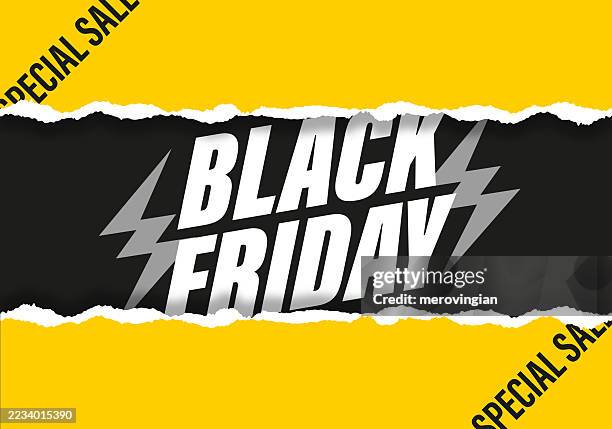 black friday sale-design mit zerrissenem papiereffekt - papierstück stock-grafiken, -clipart, -cartoons und -symbole