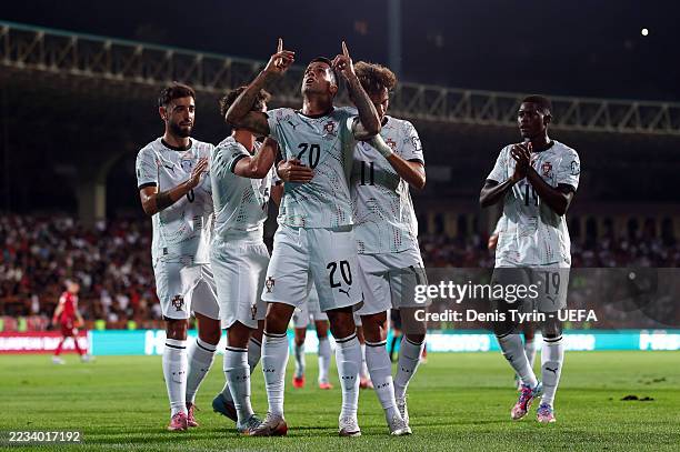 Joao Cancelo of Portugal celebrates scoring his team's third goal during the FIFA World Cup 2026 qualifier match between Armenia and Portugal at...