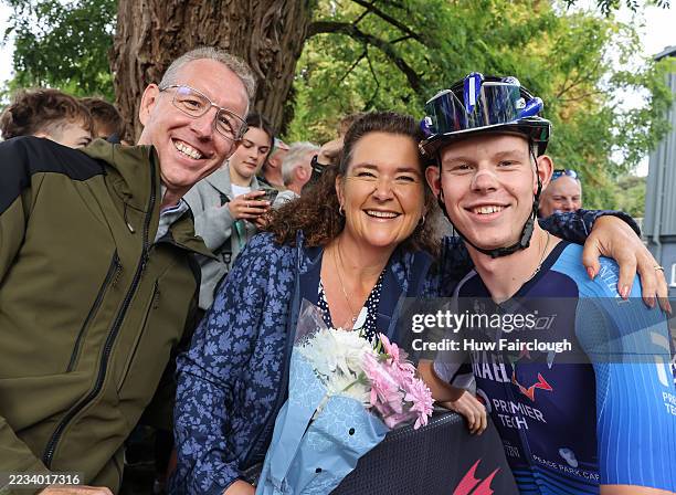 Finlay Tarling of Israel - Premier Tech presents his mother with a bunch of flowers for the support she has given him ahead of stage 5 of the Tour of...