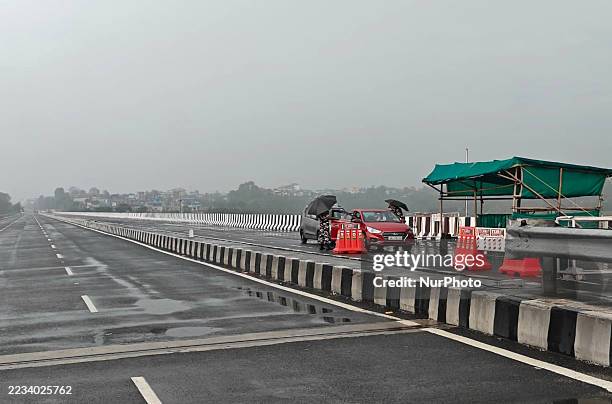 Indian Sashastra Seema Bal personnel keep vigil at the Mechi River Bridge, which lies between the India-Nepal border in the Panitanki area on the...