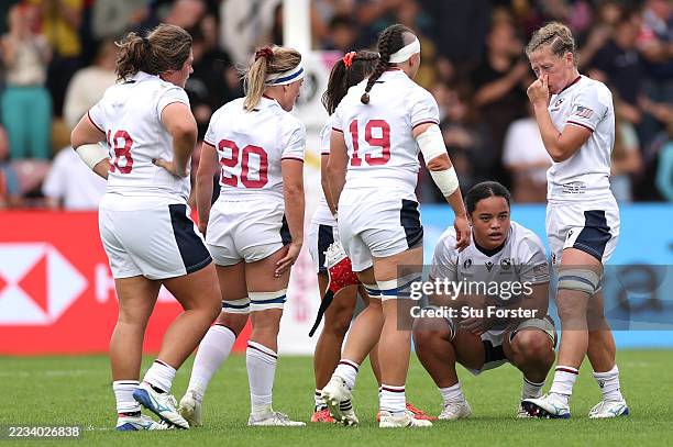 Freda Tafuna of USA and team mates react after the Women's Rugby World Cup 2025 Pool A match between USA and Samoa at York Community Stadium on...