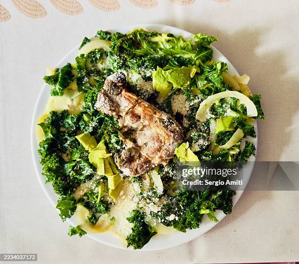 grilled pork rib chop with kale, avocado, cheese, and egg white - egg white omelet stock pictures, royalty-free photos & images