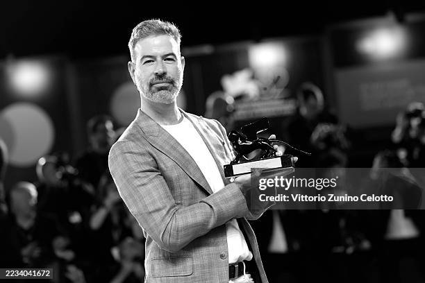 David Pablos poses with the Orizzonti Best Film Award for “En el camino” during the winners photocall at the 82nd Venice International Film Festival...