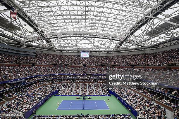 Aryna Sabalenka serves against Amanda Anisimova of the United States during their Women's Singles Final match on Day Fourteen of the 2025 US Open at...
