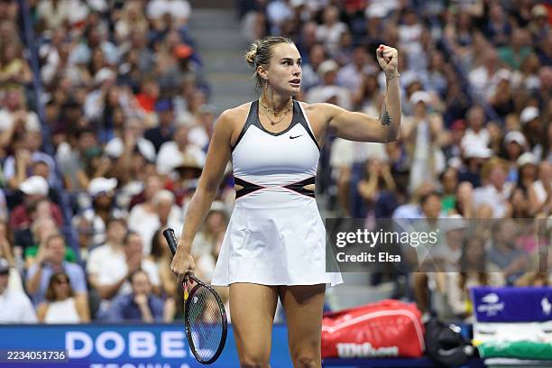 Aryna Sabalenka reacts against Amanda Anisimova of the United States during their Women's Singles Final match on Day Fourteen of the 2025 US Open at...