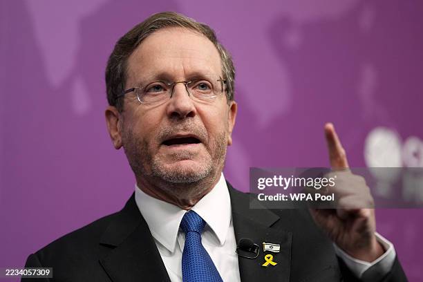 Israel's President Isaac Herzog gestures as he speaks at an event called 'In conversation with Isaac Herzog' at Chatham House on September 10, 2025...