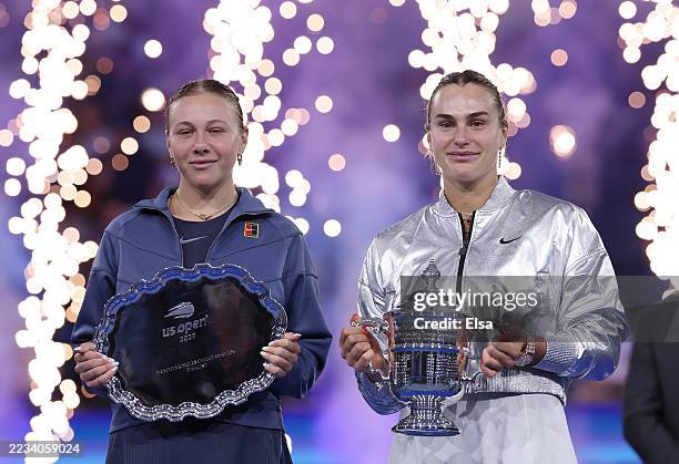 Amanda Anisimova of the United States and Aryna Sabalenka pose following their Women's Singles Final match on Day Fourteen of the 2025 US Open at...