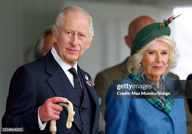 King Charles III and Queen Camilla attend the Braemar Royal Highland Gathering at The Princess Royal and Duke of Fife Memorial Park on September 6,...