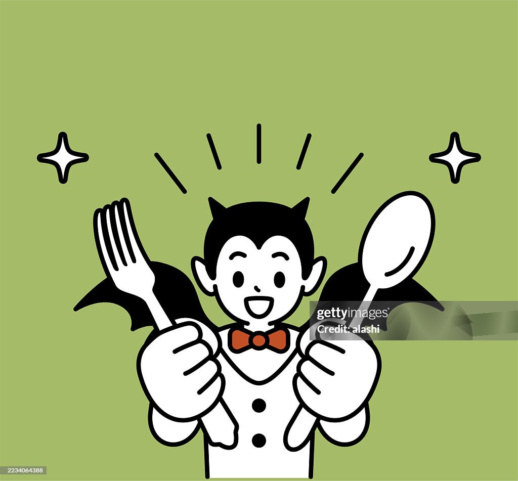 A cute vampire boy, holding a spoon and fork, smiling, and looking at the viewer