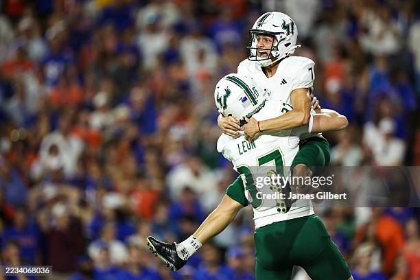 Nico Gramatica of the South Florida Bulls celebrates after making a game winning field goal during the second half of a game against the Florida...