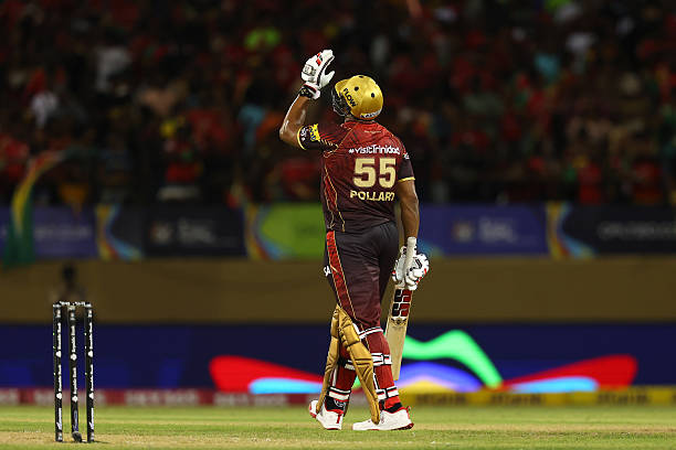 Kieron Pollard of Trinbago Knight Riders celebrates reaching 50 runs during the Men's 2025 Republic Bank Caribbean Premier League match between...