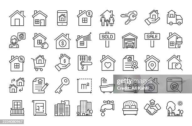 stockillustraties, clipart, cartoons en iconen met real estate thin line icons collection. editable stroke. vector illustration. basic icon for website design, logo, app, template, ui, infographic etc - hypotheek