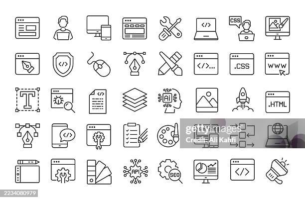 web development thin line icons collection. editable stroke. vector illustration. basic icon for website design, logo, app, template, ui, infographic etc - responsive design stock illustrations