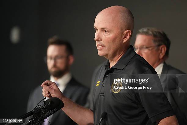 Utah Governor Spencer Cox along with other officials speaks to the press at Utah Valley University where political activist Charlie Kirk was shot...