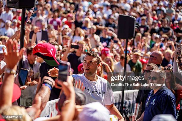 Charlie Kirk appears at Utah Valley University on September 10, 2025 in Orem, Utah. Kirk, founder of Turning Point USA, was speaking at his "American...