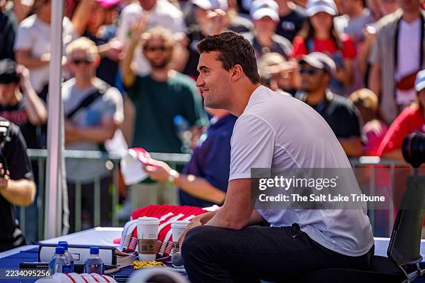 Charlie Kirk speaks at Utah Valley University on September 10, 2025 in Orem, Utah. Kirk, founder of Turning Point USA, was speaking at his "American...