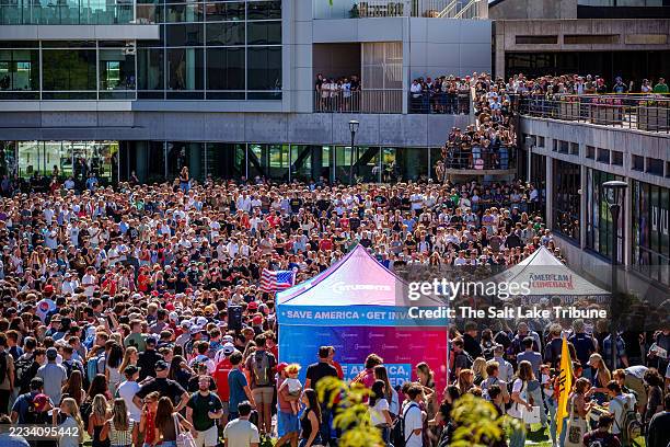 Crowd watches as Charlie Kirk appears at Utah Valley University on September 10, 2025 in Orem, Utah. Kirk, founder of Turning Point USA, was speaking...