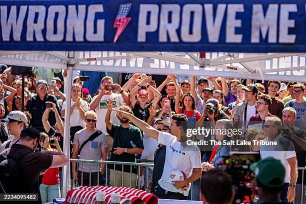 Charlie Kirk appears at Utah Valley University on September 10, 2025 in Orem, Utah. Kirk, founder of Turning Point USA, was speaking at his "American...