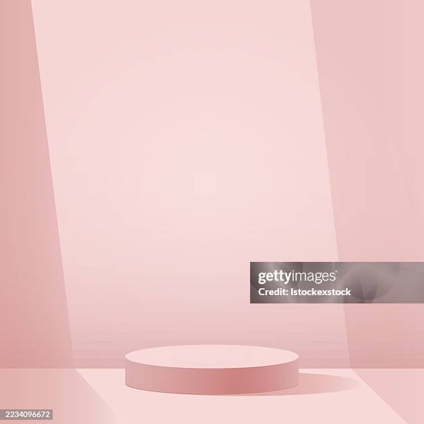 illustrazioni stock, clip art, cartoni animati e icone di tendenza di sfondo rosa minimalista con podio circolare per l'esposizione del prodotto - display