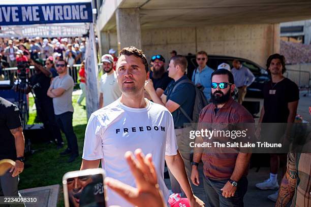 Charlie Kirk speaks at Utah Valley University on September 10, 2025 in Orem, Utah. Kirk, founder of Turning Point USA, was speaking at his "American...