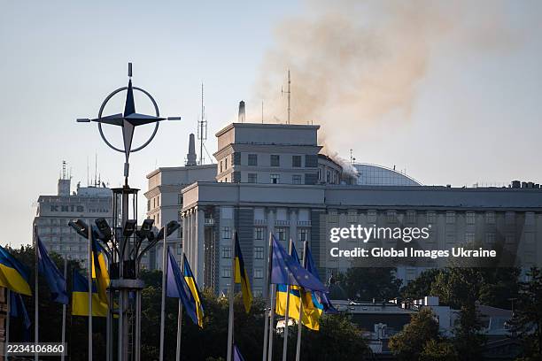 Column of smoke rises above the building of the Cabinet of Ministers of Ukraine after a Russian drone and missile attack on September 7, 2025 in...