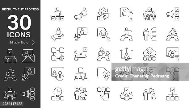 recruitment process line vector icon set. pixel perfect. editable stroke. stock illustration. icon symbol, organization, human resource, skills - resume workshop stock illustrations