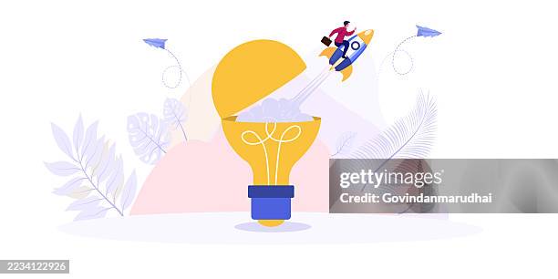innovation and startup creativity concept, bright lightbulb opening to launch rocket flying high, entrepreneurship breakthrough, new business idea development, creativity to begin and innovative success vision - time clock stock illustrations